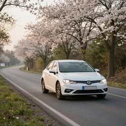 a white car driving on a country road, early morning, spring, high details, realistic