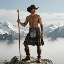 a portrait by greg rutkowski and albert bierstadt of a handsome gorgeous shirtless desi mountaineer on a mountain peak | he has dark skin and is wearing a revealing tartan kilt, cowboy hat, and leather boots | he is holding a staff | background is snowy mountains and clouds | homoerotic, detailed face, dramatic, ethereal, dreamlike | trending on artstation