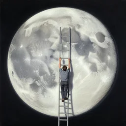 man climbing a ladder leading to the moon, birdseye view painting