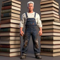 full body pose, beautiful arnold schwarzenegger, pixar, short white hair shaved sides, dirty, grungy, grunge, long sleeve, painted overalls, stacks of giant books, highly detailed, 4 k, hdr, smooth, sharp focus, high resolution, award - winning photo, artgerm, photorealistic