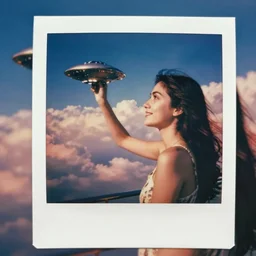 vintage polaroid of a beautiful woman spotting a ufo, detailed clouds, warm azure tones, red color bleed, film grain