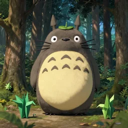 totoro in film still zaha hadid forests with a full still life commercial photo of real - life origami plant, perfect eyes, cinestill, 8 k