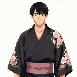 A man wearing a black kimono with patterned pink flowers, digital art, trend in artstation, anime