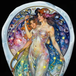 cuberpunk, sunny leone as a galaxy character, carving on southern ice porcelain , overdetailed art, by greg rutkowski, by Alfons Mucha, complementing colors, magic, colorful lights, fireflies, detailed illustration