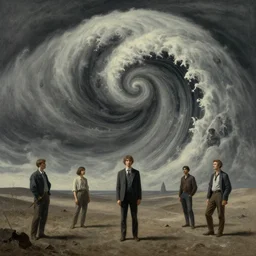 a giant 🌊 swirling in the sky above a barren 🏜 by ivan shishkin and zacharias aagaard and simon stalenhag and dan mumford and josan gonzalez, surrealism, hyper detailed, dull, high contrast, desaturated, retrowave