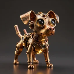 a macro photo of amazing steampunk dog with tuby eyes and steam tubes legs, volumetric lightning, octane render, 4 k, hd, realistic reflections, extremely high detailed, soft lightning, trending on artstation, masterpiece, high resolution, bronze, gold, soft lightning