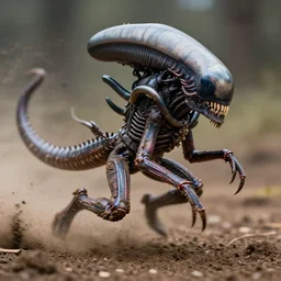 action photography, long shot, award winning macro photo of an ultra detailed intricate muddy xenomorph running very fast on mud, dirt and dust, fast shutter speed, motion blur, tiny gaussian blur, highly detailed, highly intricate, depth of field, national geographic