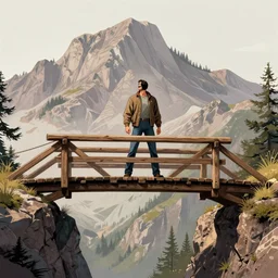 western comic book art of a man in a jacket crossing a old wooden bridge over a cliffside looking up at a mountain temple made of crystal and gemstone, epic, glowing, night, illustration