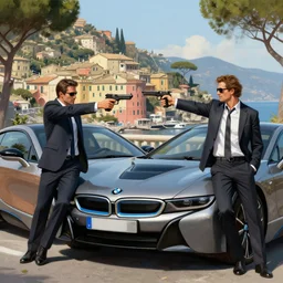 two criminals wearing suits are aiming guns at each other while leaning on a bmw i 8, in the italian riviera, digital painting, amazing detail, artstation, in the style of greg rutkowski