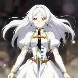 renaissance anime brave elf girl with white skin and dagger, wide golden eyes, hair blowing the wind, trending art, fashion photography, centered, hyper detailed, bokeh, studio glibly makoto shinkai, wlop