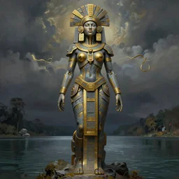 beautiful aztec inca woman colossus full body well proportioned stands on lake epic by eddie mendoza hyperrealism expressive cyborgess symmetrical very very detailed giger beksinski grey and gold