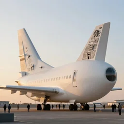 photo of minimalist abstract cubist sculpture of curvy spaceship with random small mecha mayan decorations, covered with few large white airplane parts with windows and doors, gigantic size with fancy people visiting, sunset lighting