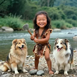 a full - body portrait of little asian cuties caveman, oversized head, smile expression, wearing leather and bark cloth, making stone tool at the river bank, holding stone adze, with giant oversized cute dog, a colorized photo, colorized, # film, movie still