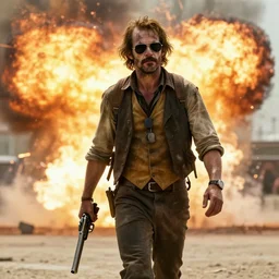 Cinematic action movie still of a weary battle-worn rugged Clown holding a desert eagle casually walking away from an explosion in the background, the man is  wearing aviator sunglasses, cinematic, award winning cinematography, high resolution