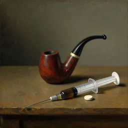 Dutch still life from the 1600s, old oil painting: Crack pipe, syringes, drugs