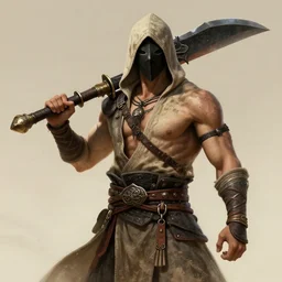 masked male assassin holding a oversized shuriken by wlop, wuxia, xianxia, weathered skin, athletic, desert robe, leather armor, oversized shuriken, detailed, realistic, anatomically accurate, fantasy illustration, artstation, wlop, wang liang.
