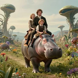 film still from a sci fi blockbuster movie made in 2022, set in 1860, of a family riding on the back of alien hippos, on an alien planet, across an alien landscape that is full of strange wild alien plants and flowers, the family are wearing 1850s era clothes, cinematic lighting, 4k, in focus faces, good quality lighting, good quality photography, oscar winner