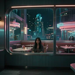 vertical movie frame portrait of girl in 5 0's retro restaurant interior, neon - decorated urban on night in the city seen through the window, modern interior design, architectural design, vintage, night blade runner, dark, postapocalyptic, clean lines, 4 k, octane, asian futuristic city at distance, big windows, octane, wide angle
