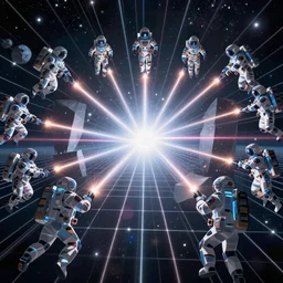 wide view of a dozen futuristic spacemen firing lasers, zero gravity, floating, in space, bright, hiding behind obstacles, surrounded by a laser grid, stars visible, unreal engine, lensflares, low perspective, vector, polygons