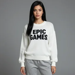 a skin model inspired by the 2000s, she has long black hair, sweat pants, and a white sweater that says epic games inspired by fortnite game style
