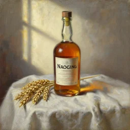 oil painting of whiskey bottle, barley grain, art by anders zorn, wonderful masterpiece by greg rutkowski, beautiful cinematic light, backlit, window cast shadows, american romanticism by greg manchess, creation by tyler edlin, folds of fabric, tablecloth