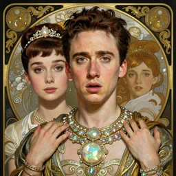 a full body art nouveau portrait of a 16-year old Nicolas Cage god who resembles Audrey Hepburn and Saoirse Ronan with a worried, intense gaze and slightly opened mouth, ornate intricate iridescent mother-of-pearl jewelry, intricate, elegant, highly detailed, digital painting, artstation, concept art, smooth, sharp focus, illustration, art by John William Waterhouse and Bouguereau and Donato Giancola and alphonse mucha