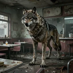 concept art by greg rutkowski of a wolf animitronic standing in an old dilapidated ice cream parlor, broken tables, stained walls, ominous, awe inspiring, horror
