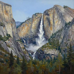 yosemite cliffs and waterfalls, oil on canvas, stunning rich detail, masterpiece