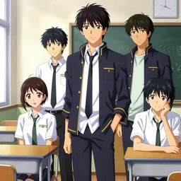 anime high school classrom noon scene, high detail concept art, perfect proportions fine face, tall handsome guys, romantic undertones, avant designer uniform, vivid colors, realistic shaded lighting poster fantasy art ilya kuvshinov, sakimi, jeremy lipking and michael germash, makoto shinkai, loish and clamp style, best selling artist