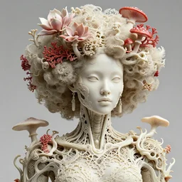 intricate hyper detailed ultra sharp focus front shot 3 d render of a beautiful porcelain ivory afro albino woman, close - up, f 2. 8 1 5 0 mm, sharp focus, alexandre ferra, elegant bionic cyberpunk mechanical sci - fi haute couture fractal mycelum and fungi filigree foliage lace, red mushroom corals, magnolia goliath head ornaments, sinuous roots, octane render, volumetric cinematic lighting, 8 k,