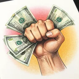 a fist full of cash, detailed, editorial illustration, realistic gradient shading,, texture, dynamic pose, matte print, grainy light, ( ( dither ) ), screen print, colorful