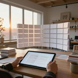 by james turrell : pov candid photo of my hands reading floating pdfs at my floating futuristic ios hologram desk, stacks and rows of active organized knolled calendar cubbies during sunrise in a cozy open - air design studio by alphonse mucha, brilliant daylight vr os ux, leica a 2 4 8 k still