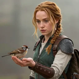 Katniss Everdeen holding a bird in her handpalm, closeup of hand, digital portrait by Greg Rutkowski