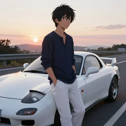 aesthetic detailed anime illustration of ryosuke takahashi with black hair, dark blue shirt and white pants, standing by his white glossy mazda rx 7 on an empty highway at sunrise, cinematic lighting, initial d anime 1 0 8 0 p, detailed anime face, 9 0 s anime aesthetic, volumetric lights, rule of thirds, unreal engine 5 render, pinterest wallpaper, trending on artstation