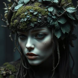 a dark fantasy portrait of beautiful goddess by irakli nadar and stefan gesell with intricate detailed moss and leaves headdress, melting wax, mycelia, abstract impressionism, ruan jia, hyper detailed, concept art, by gustav klimt, by sue bryce, moody lighting