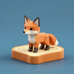 A low poly statuette of a fox on a piece of bread. solid Background.