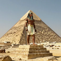 a Nubian conqueror standing on top of a pyramid in ancient Egypt after a day if war, unreal engine 5 perfect render