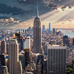 new york city skyline in the far future, anime background by studio ghibli
