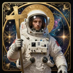 Holy medieval astronaut portrait holding a cross, art nouveau, fantasy, intricate galactic designs, elegant, highly detailed, sharp focus, art by Artgerm and Greg Rutkowski and WLOP