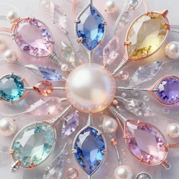 lot of beautiful gems in every possible color, type, size, and shape. ornated with shiny thin silver and copper wires. abstract composition made of crystals, pearls and bismuth. hyperrealistic render. smooth silky pastel color palette. transparent colorful surfaces. gigapixel render. polished. discodiffusion render by machine. delusions. 8 k 3 d shaded.