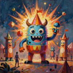 a beautiful painting of a glitched monster carnival with an explosion of primitive shapes, by jonas burgert, fallas party figures