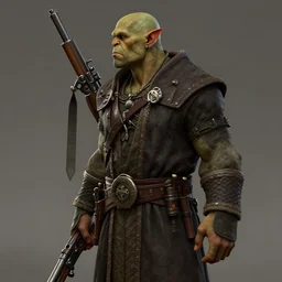 ¾ profile, highly detailed portrait, orc in robe, guns, bandoliers, in gta v stephen bliss unreal engine fantasy art by greg rutkowski loish rhads ferdinand knab ma