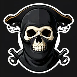 a skull in torn balaclava, sables crossed in background, pirate logo, vector illustration
