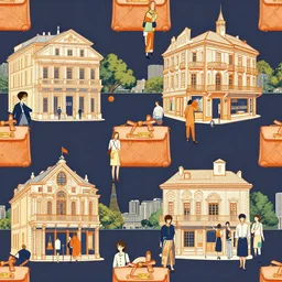 fashion house hermes repeating pattern featuring cities and people vector illustration in style of anime realistic uhd 8 k