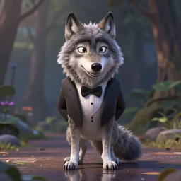 a wolf as a gentleman wearing tuxedo on the pixar biome, smooth, intricate reflections, cinematic