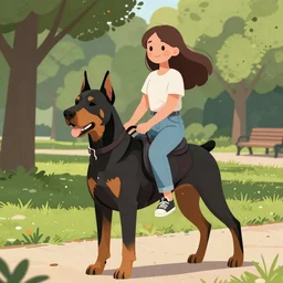 girl riding a giant doberman in the park, trending on artstation