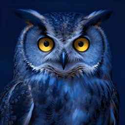 digital painting, art by greg rutkowski, blue night lighting, bright golden eyes in the night, sharp focus, illustration, album cover art, concept art, cgsociety, highly detailed, portrait of a gray owl, artstation, symmetrical, cinematic lighting, alphonse mucha
