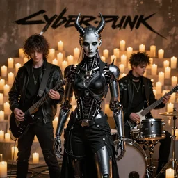 cyberpunk black metal band, 3 - piece, guitarists, bassist, drummer, vocalist, all black cyberpunk clothes, robotic prosthetic limbs, dermal implants, detailed faces, cyborg satan, futuristic, realistic, promo photograph, epk, wall full of candles, dramatic lighting, high quality photograph, highly detailed, sharp