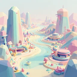 a scifi landscape,low poly 3D,by Dan Mumford, by Tokio Aoyama,trending on artstation,intricate,2d,4k,pastel colors