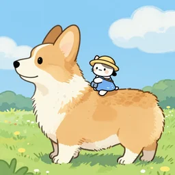 tiny cat girl in little hat riding on the back of a giant corgi by greg rutkowski